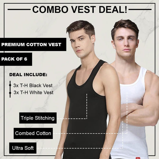 Combo Deal of Mens Vest 3 - Black & 3 - White Deal Pack of 6 - Urban Monarch